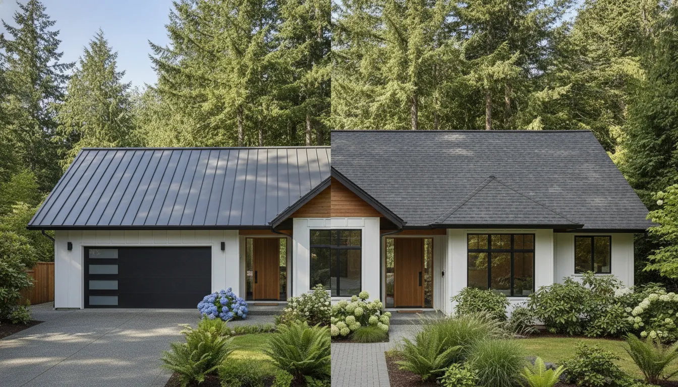Split comparison of a modern Redmond home with Nu-Ray standing seam metal roofing on one side and architectural asphalt shingles on the other, bright daylight, Pacific Northwest landscaping