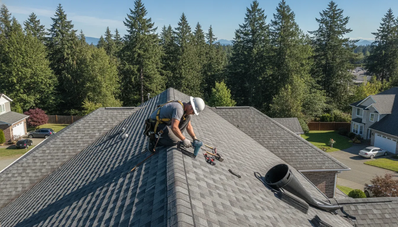 Professional roofing contractor installing architectural asphalt shingles on a suburban Washington home with evergreen trees in background