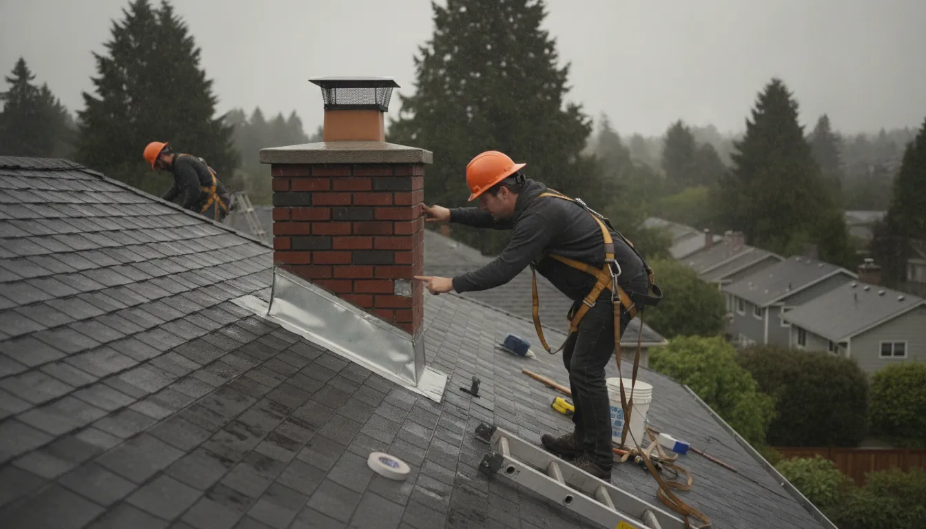 Professional roofer inspecting chimney flashing on a Seattle home
