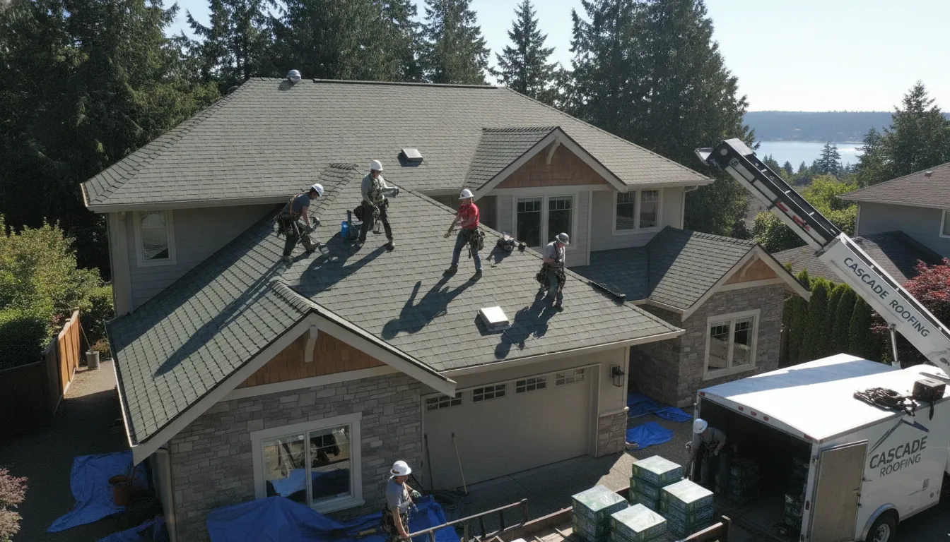 Professional roofing crew installing a new roof on a Bellevue residential home