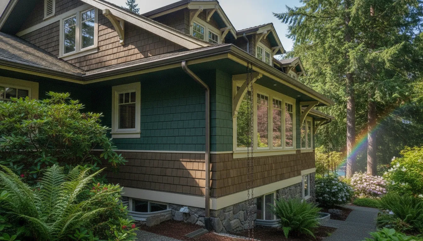 Seamless aluminum gutters installed on a craftsman-style home in Kirkland, Washington, directing rainwater away from the foundation
