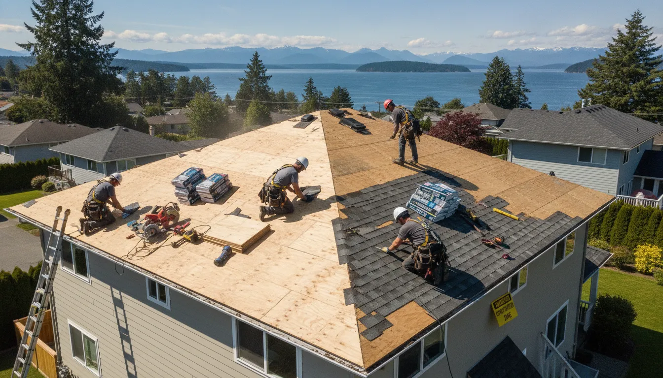 Storm-damaged residential roof under repair by Landmark Roofing & Siding contractors in the Pacific Northwest.