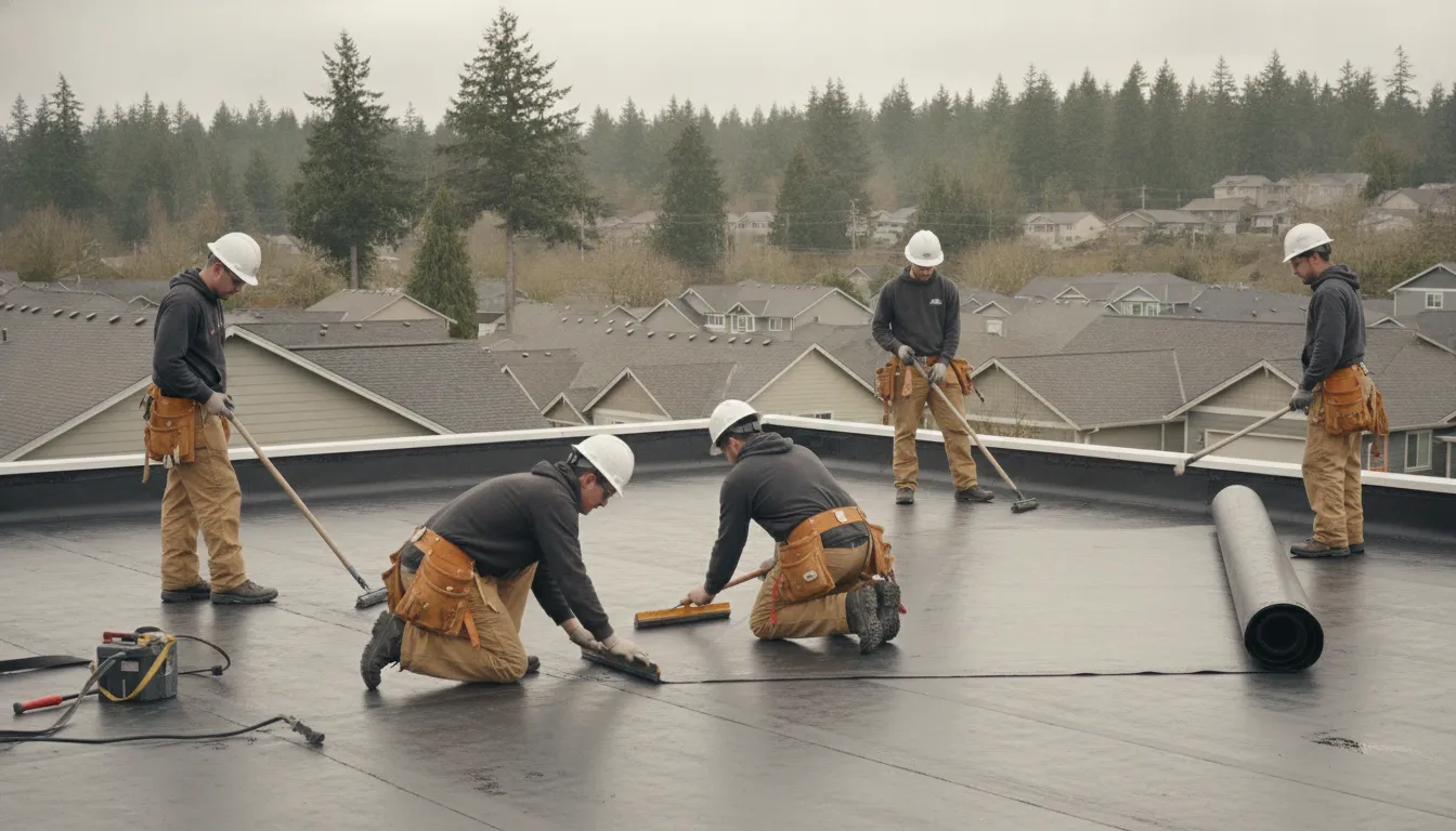 Roofing crew installing a new membrane on a residential flat roof in Washington
