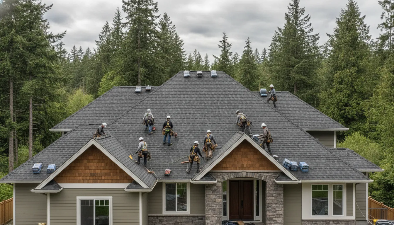 Professional roofing crew installing new asphalt shingles on a Pacific Northwest home in Redmond, Washington