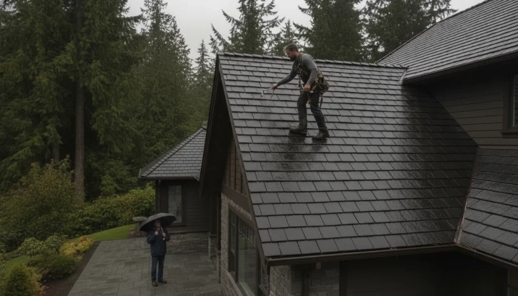 Kirkland roofing company professional inspecting a residential roof after rain
