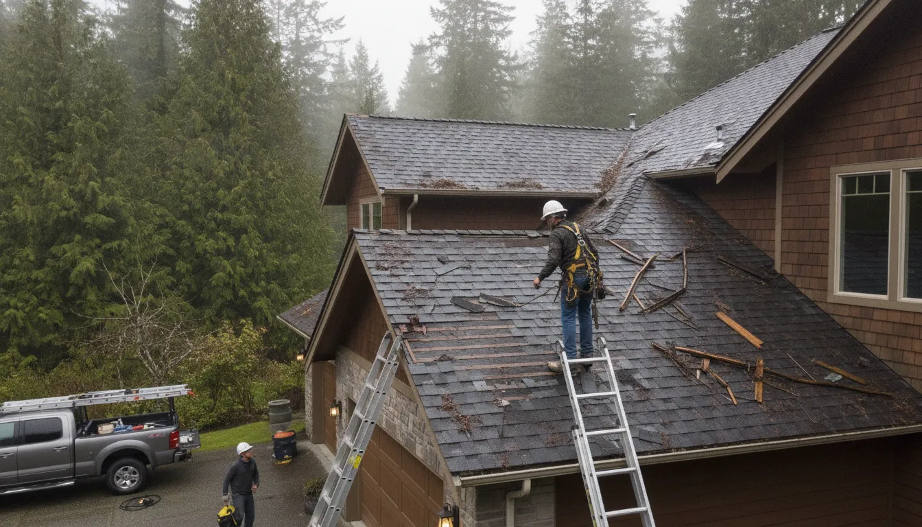 Professional roofer inspecting storm-damaged roof shingles on a residential home in the Pacific Northwest