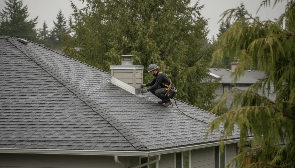 Roofing Redmond professional inspecting a residential roof after rain