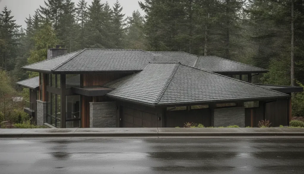 Brava composite roofing on a modern Washington home after rain