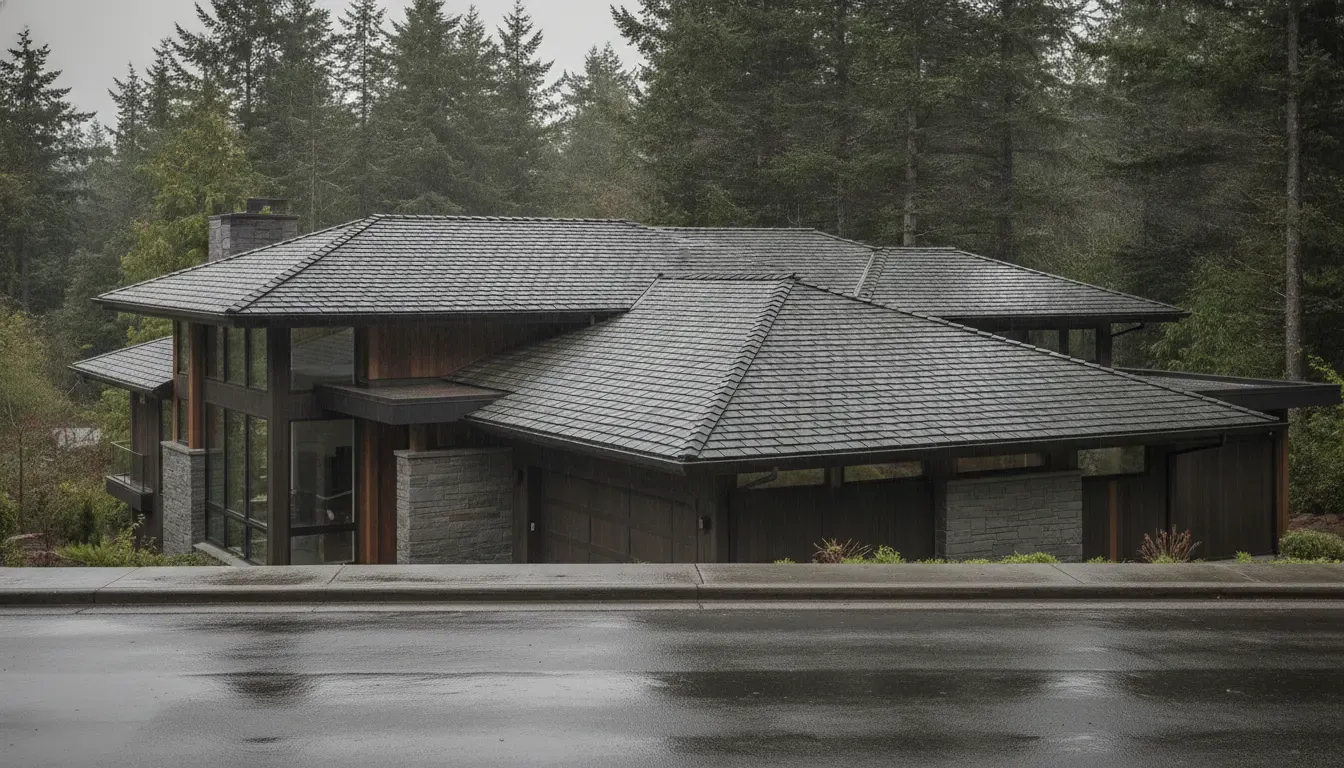 Brava composite roofing on a modern Washington home after rain