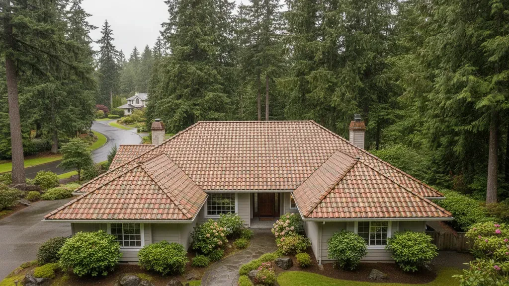 Composite clay tile roofing on a Washington home surrounded by evergreen trees