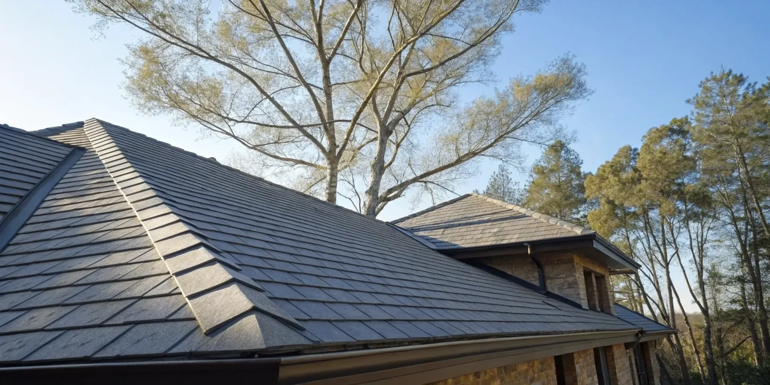 A modern shingle roof on a house after a successful leak repair by a trusted contractor.