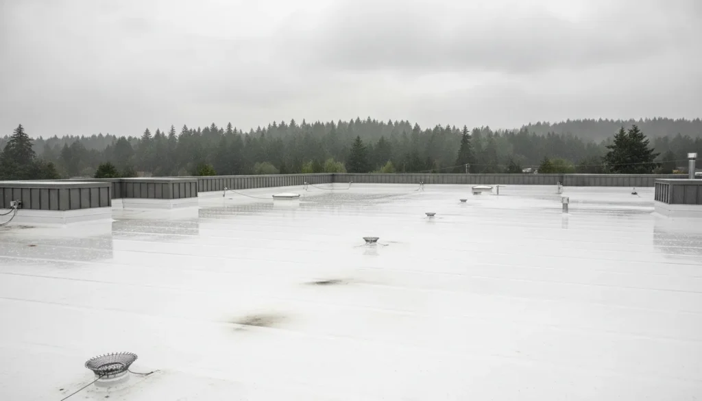 PVC flat roof on a commercial building during rain in Washington