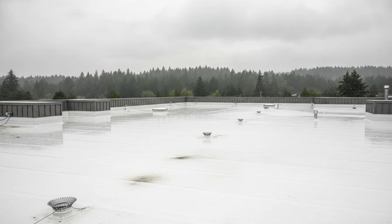 PVC flat roof on a commercial building during rain in Washington