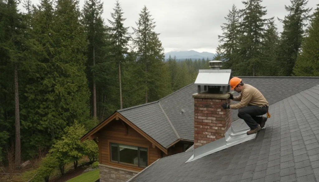 Roofing professional inspecting flashing beside a chimney on a Pacific Northwest home