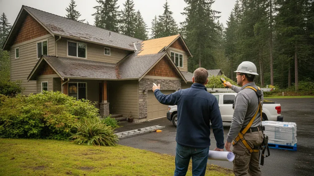 Renton homeowner discussing a roof replacement plan with a roofing contractor