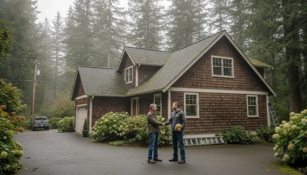 Homeowner meeting a roofing contractor beside a Gig Harbor home