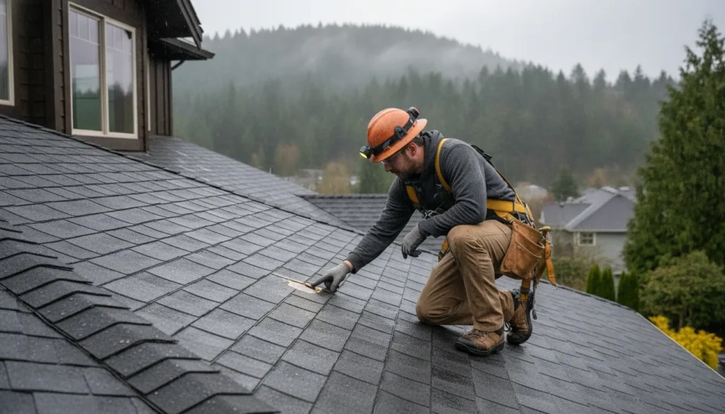Roofing contractor inspecting a Washington home near Issaquah after rain