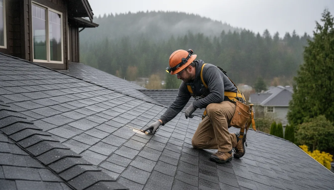 Roofing contractor inspecting a Washington home near Issaquah after rain