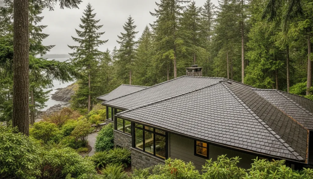 Synthetic shake roofing on a Washington home surrounded by evergreen trees