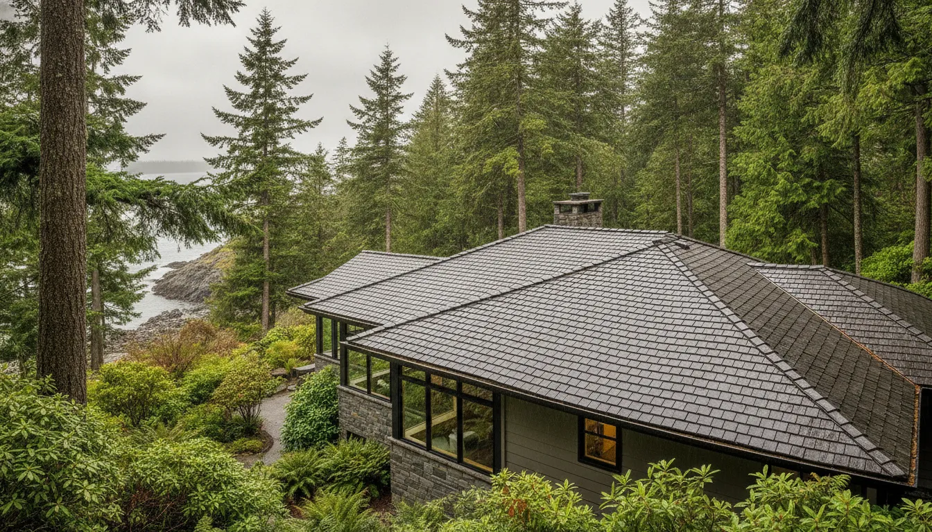 Synthetic shake roofing on a Washington home surrounded by evergreen trees