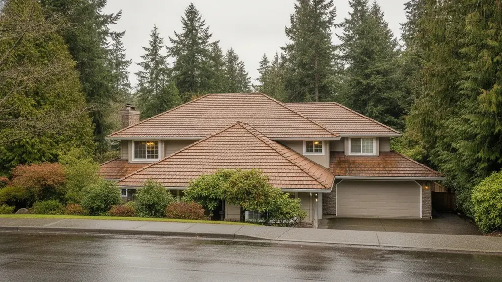 Synthetic Spanish roof tiles on a Washington home after rain