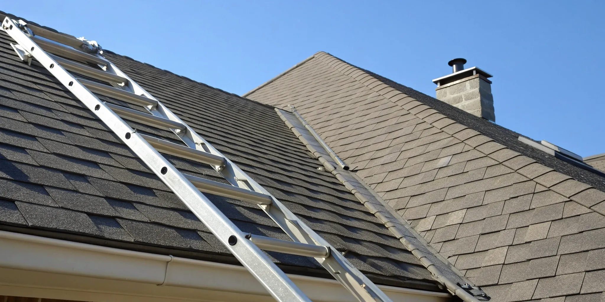 A ladder on an asphalt roof, a factor in the approximate cost of a roof replacement.