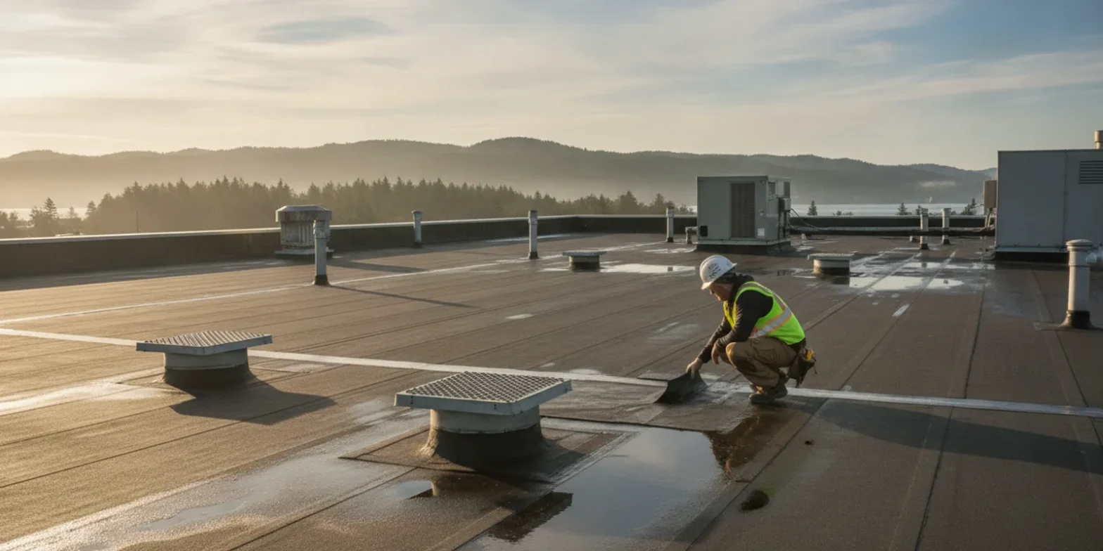 Roofing professionals inspect a large commercial roof in Washington before coating work