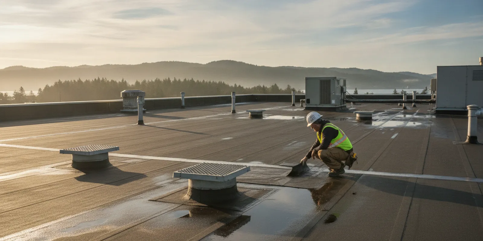 Roofing professionals inspect a large commercial roof in Washington before coating work