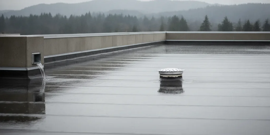 Commercial building roof with clear drainage outlets and rooftop equipment under a cloudy Puget Sound sky