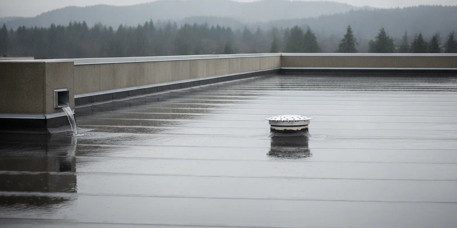 Commercial building roof with clear drainage outlets and rooftop equipment under a cloudy Puget Sound sky