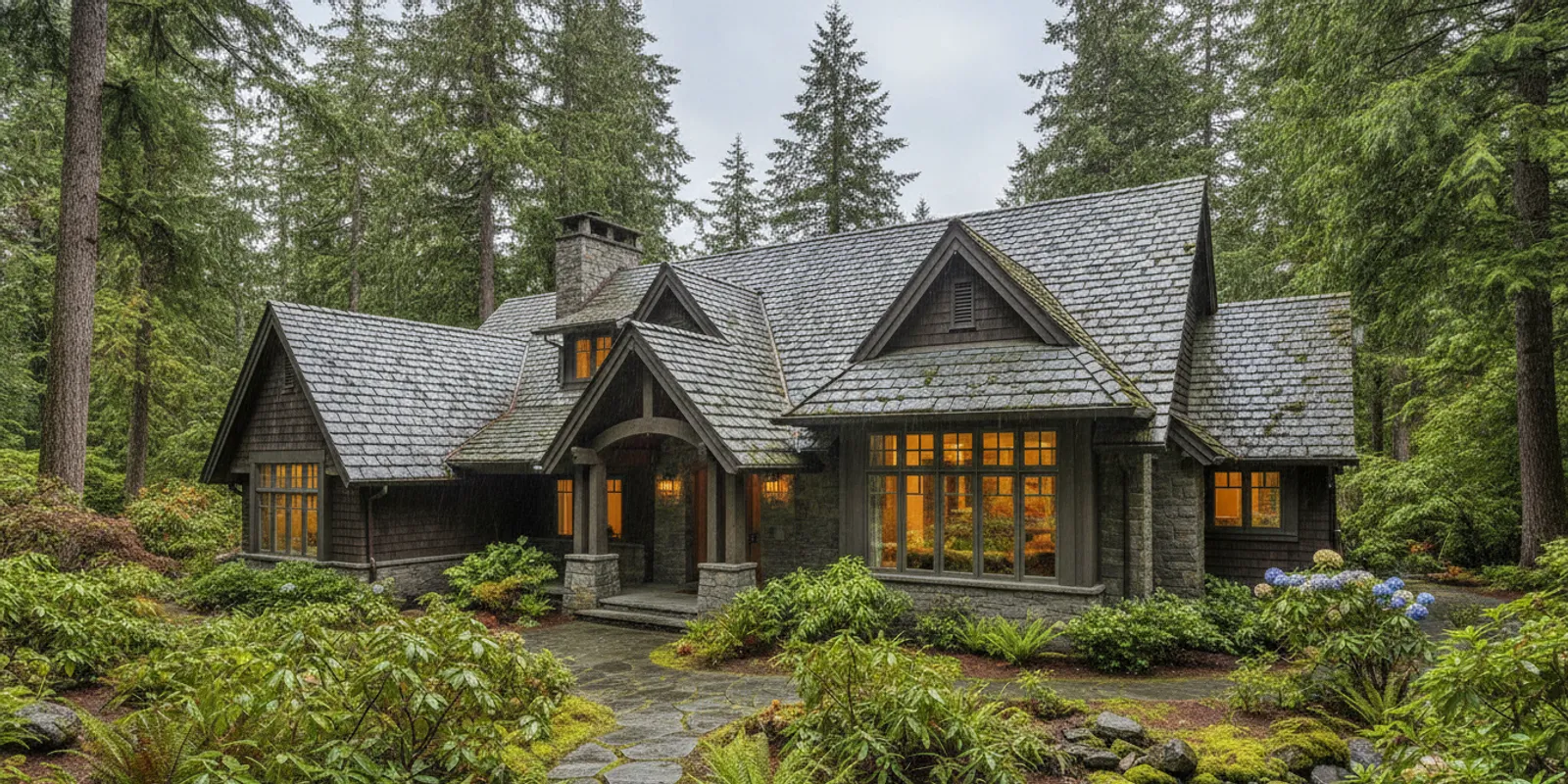 DaVinci slate roof on a Washington home with evergreen trees and a steep pitch
