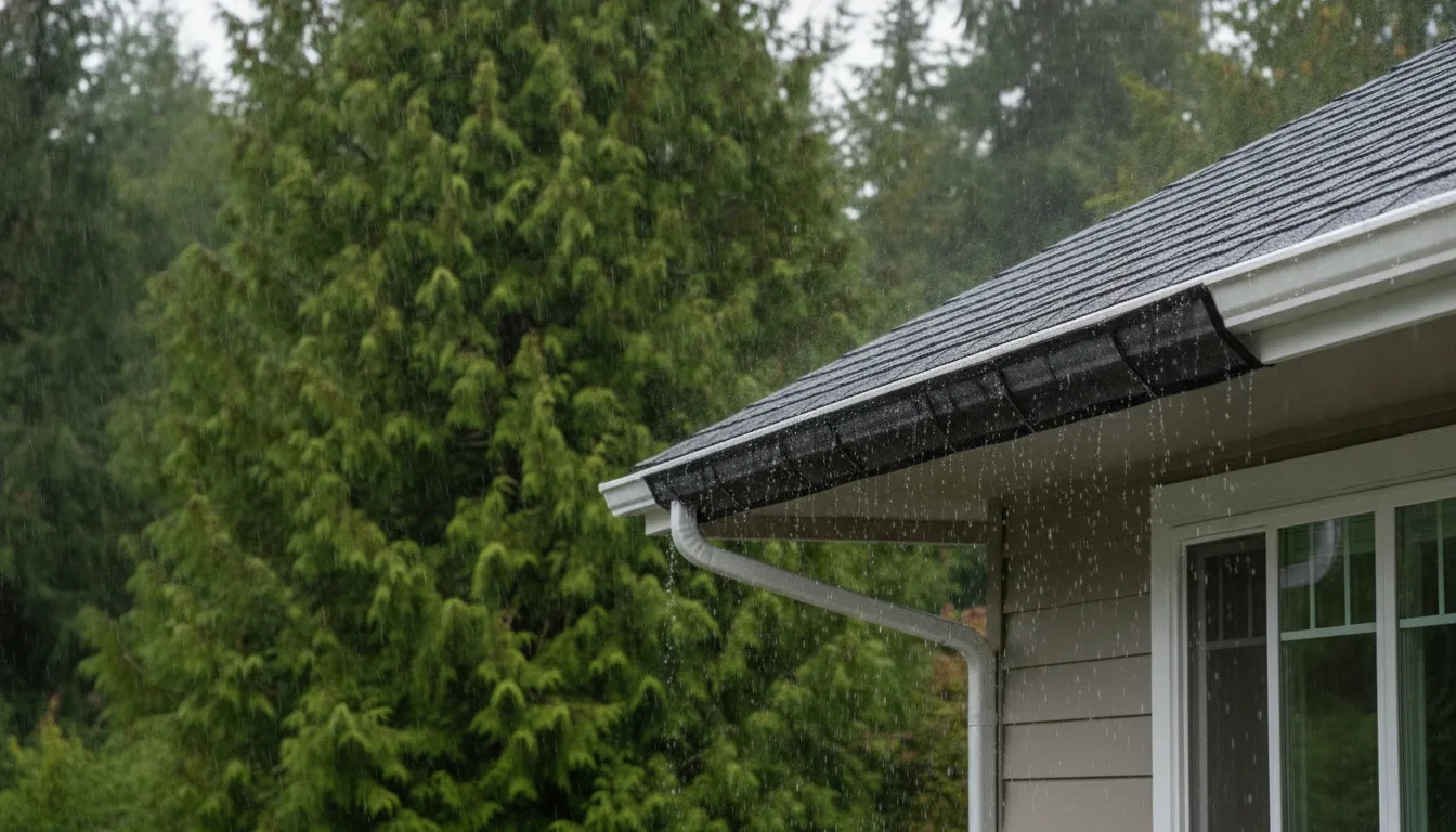 Gutter guard installation on a Washington home during rainy weather