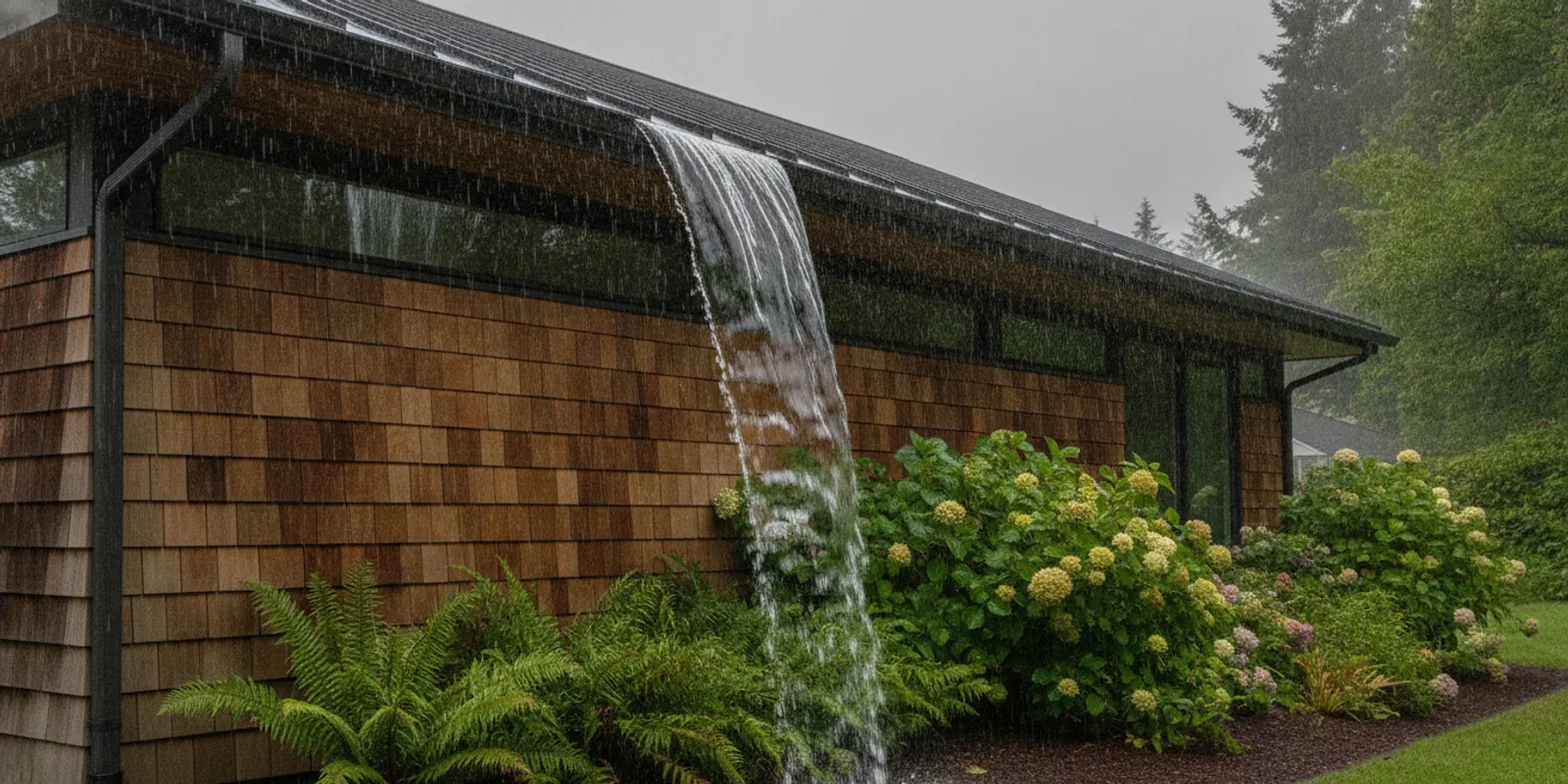 Rainwater spilling over a residential gutter beside a Washington home