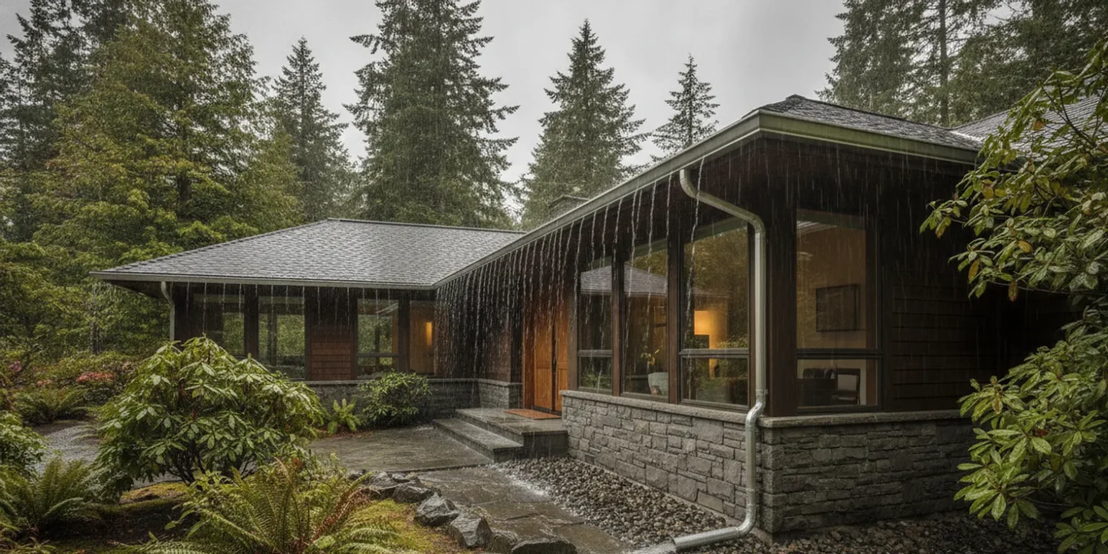 Washington home with gutters and downspouts directing rainwater away from the roof edge