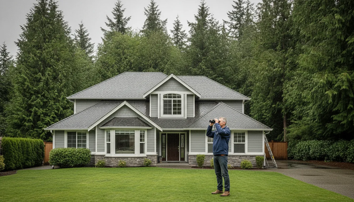 Washington homeowner observing an asphalt shingle roof from the ground