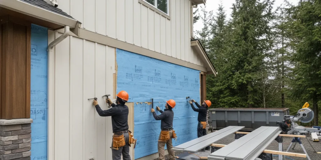 Home with new fiber cement siding beside a section of existing vinyl siding during a Washington exterior renovation