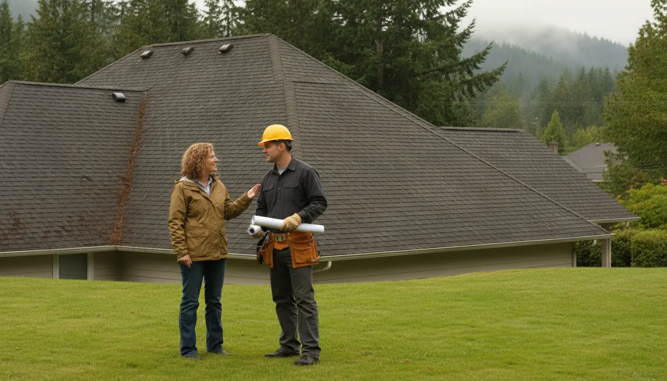 Homeowner discussing a Washington roof replacement plan with a roofing professional