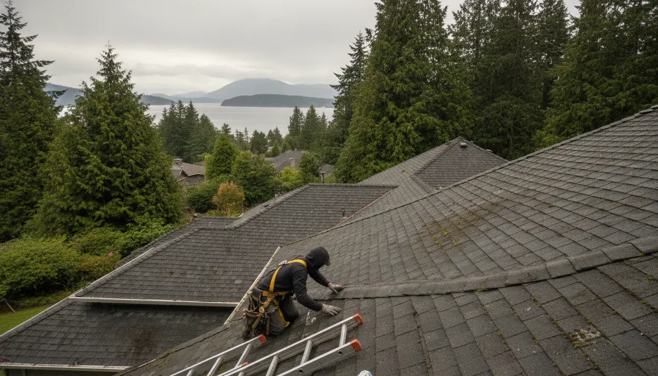Roofer inspecting ridge cap shingles on a Puget Sound home