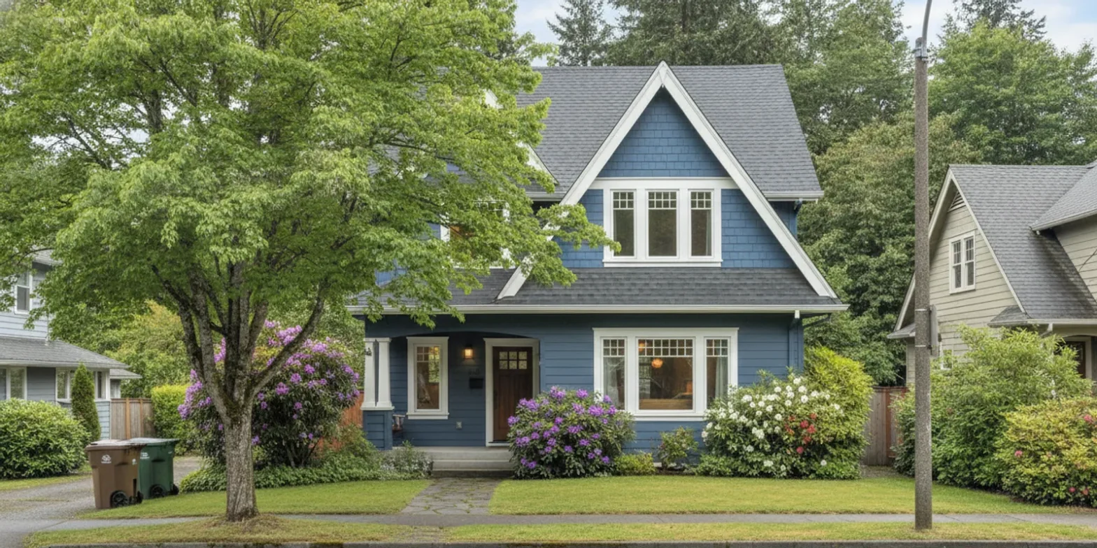 Everett home with a pitched roof under a bright Puget Sound sky