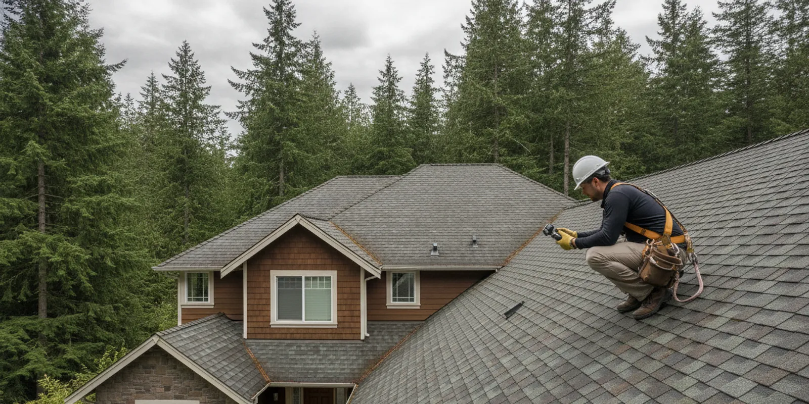 Roofing professional inspecting a composition roof on a Sammamish-area home in the Pacific Northwest