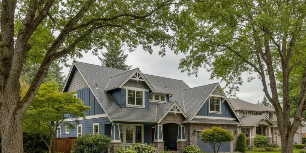 Tacoma home with a residential roof beneath a cloudy Puget Sound sky