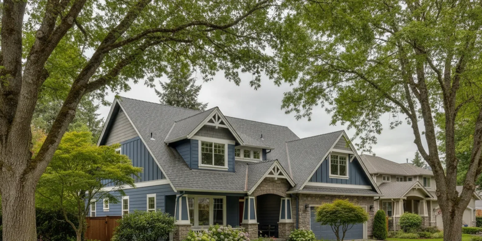 Tacoma home with a residential roof beneath a cloudy Puget Sound sky