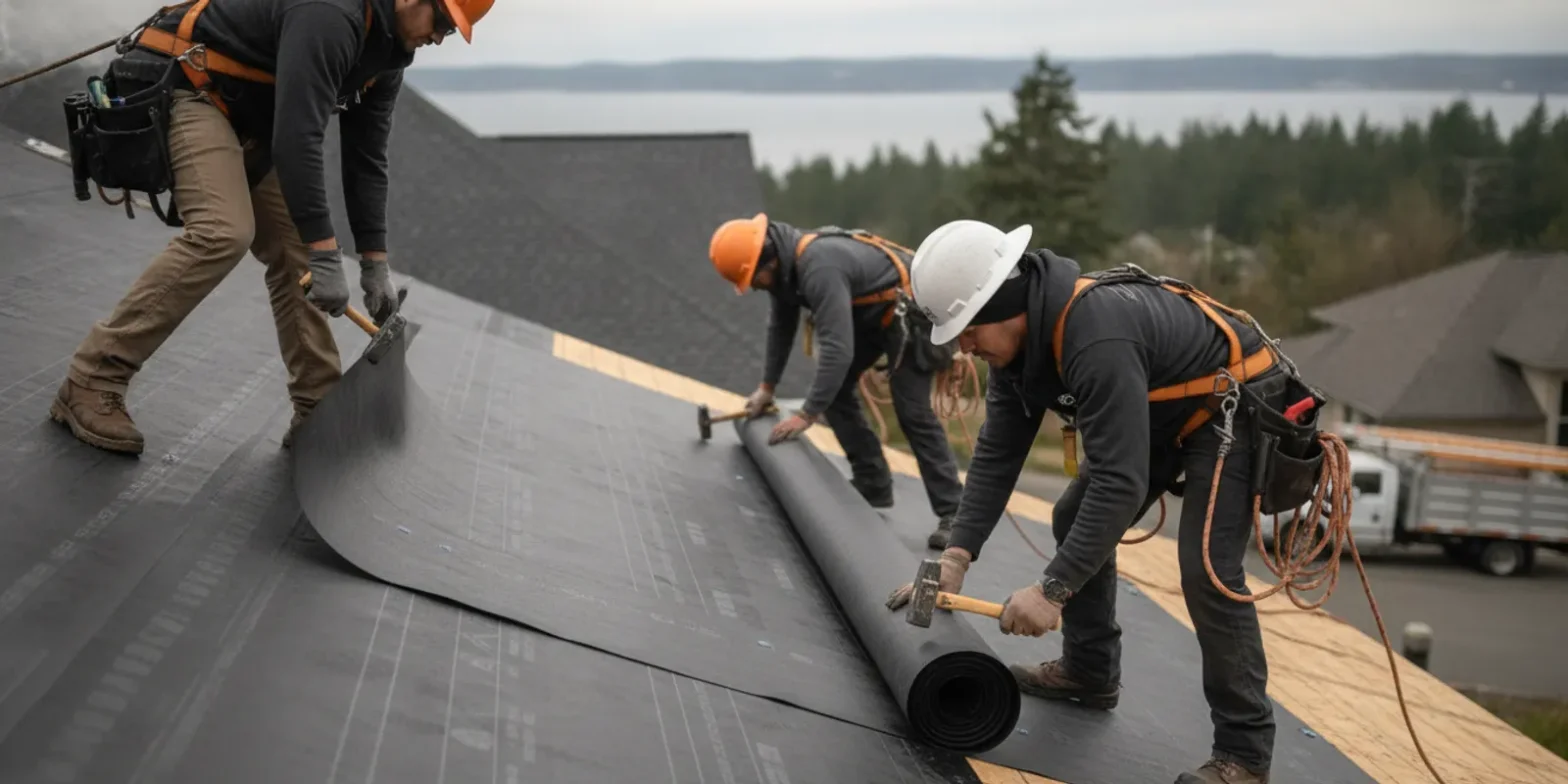 Roofing underlayment being installed across a residential roof deck in Washington