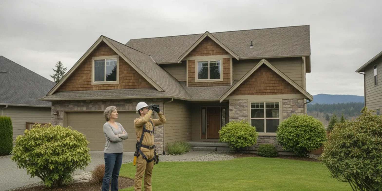 Roofing professional assessing a visibly sagging roofline on a Washington home