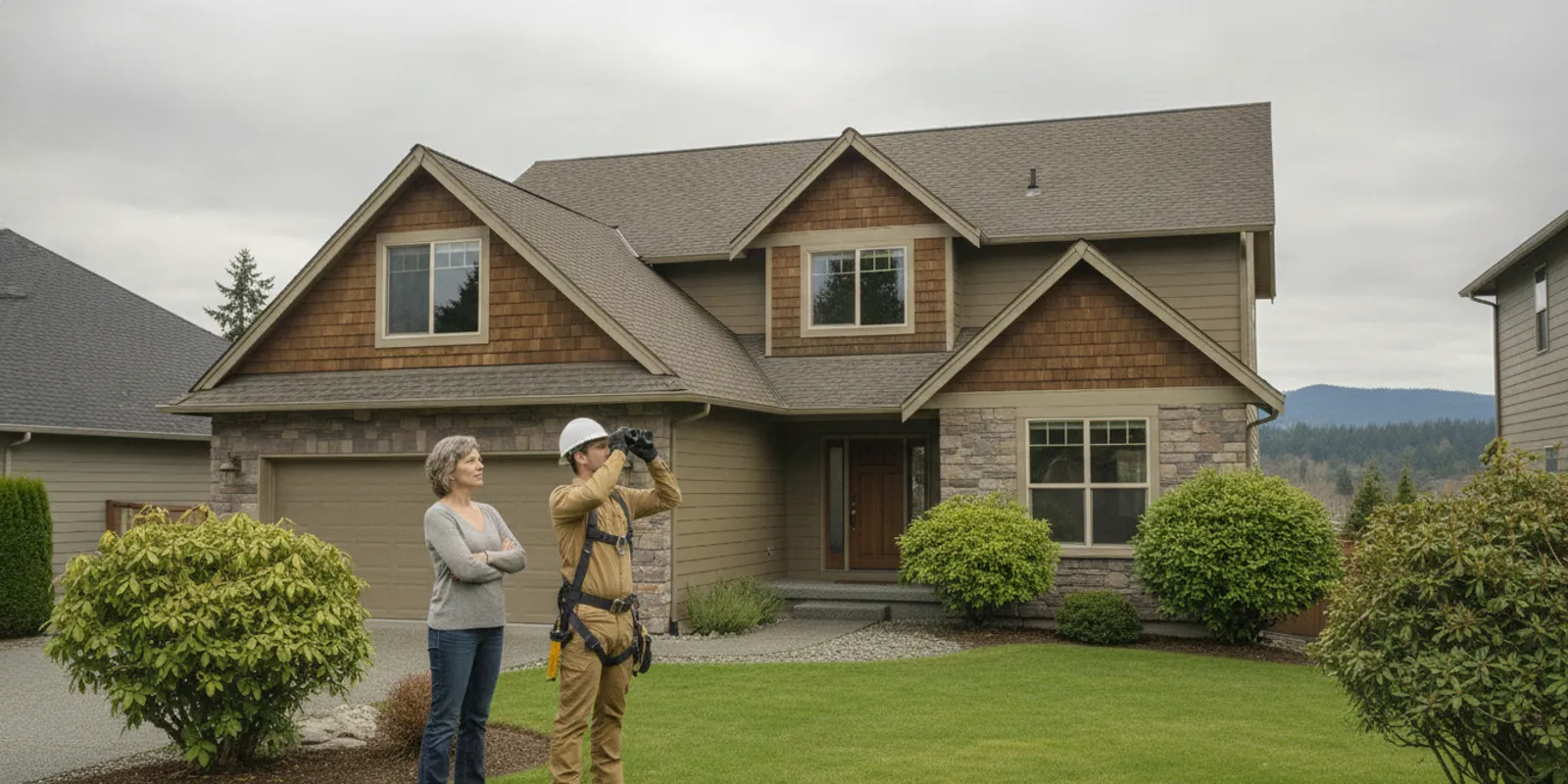 Roofing professional assessing a visibly sagging roofline on a Washington home