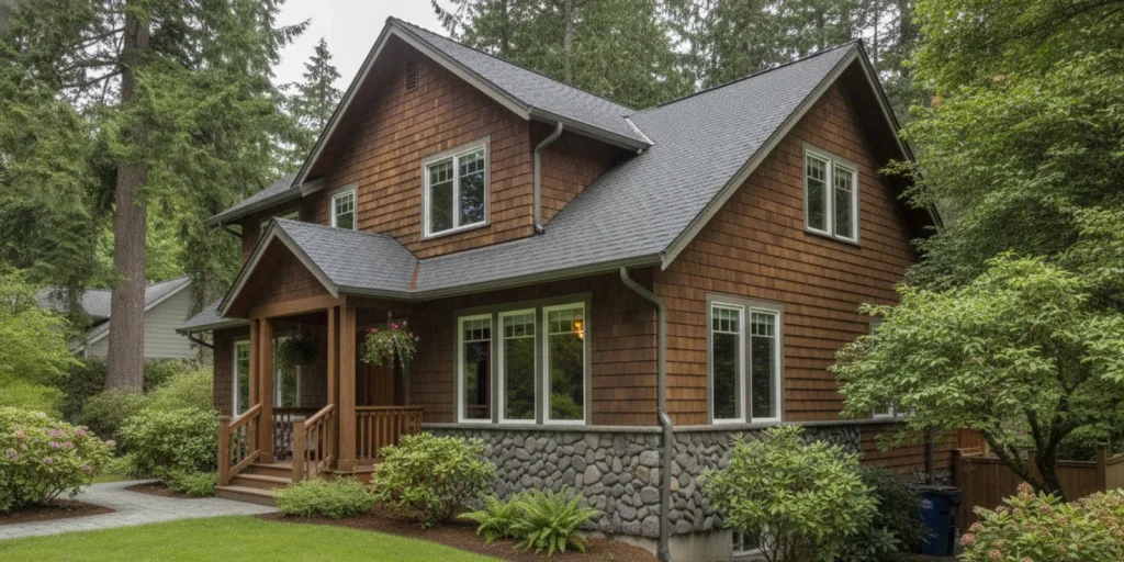 Seamless gutter run along the eaves of a Puget Sound home beneath evergreen trees