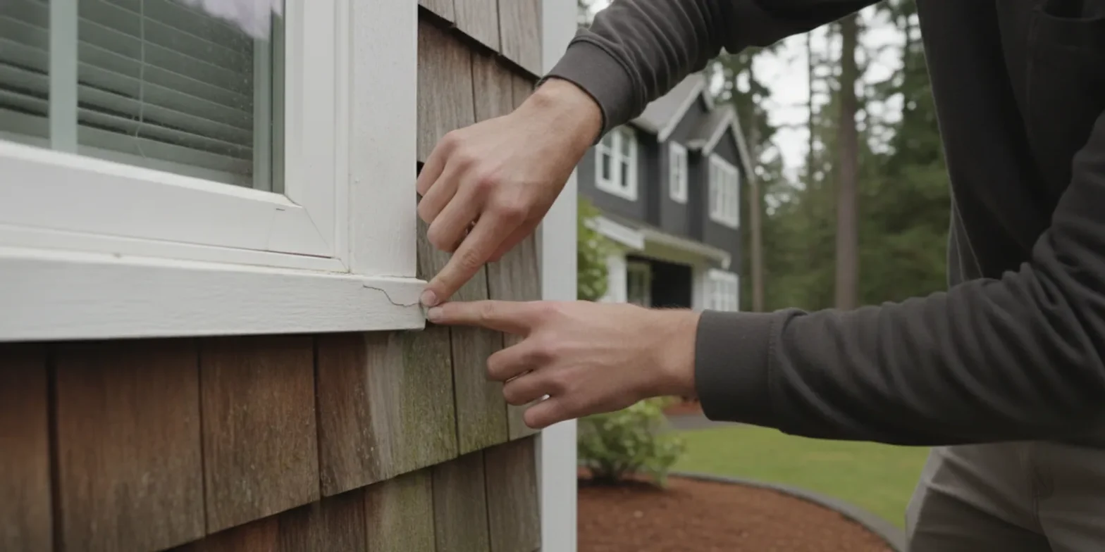 Homeowner inspecting the caulk joint beside exterior siding on a Washington home