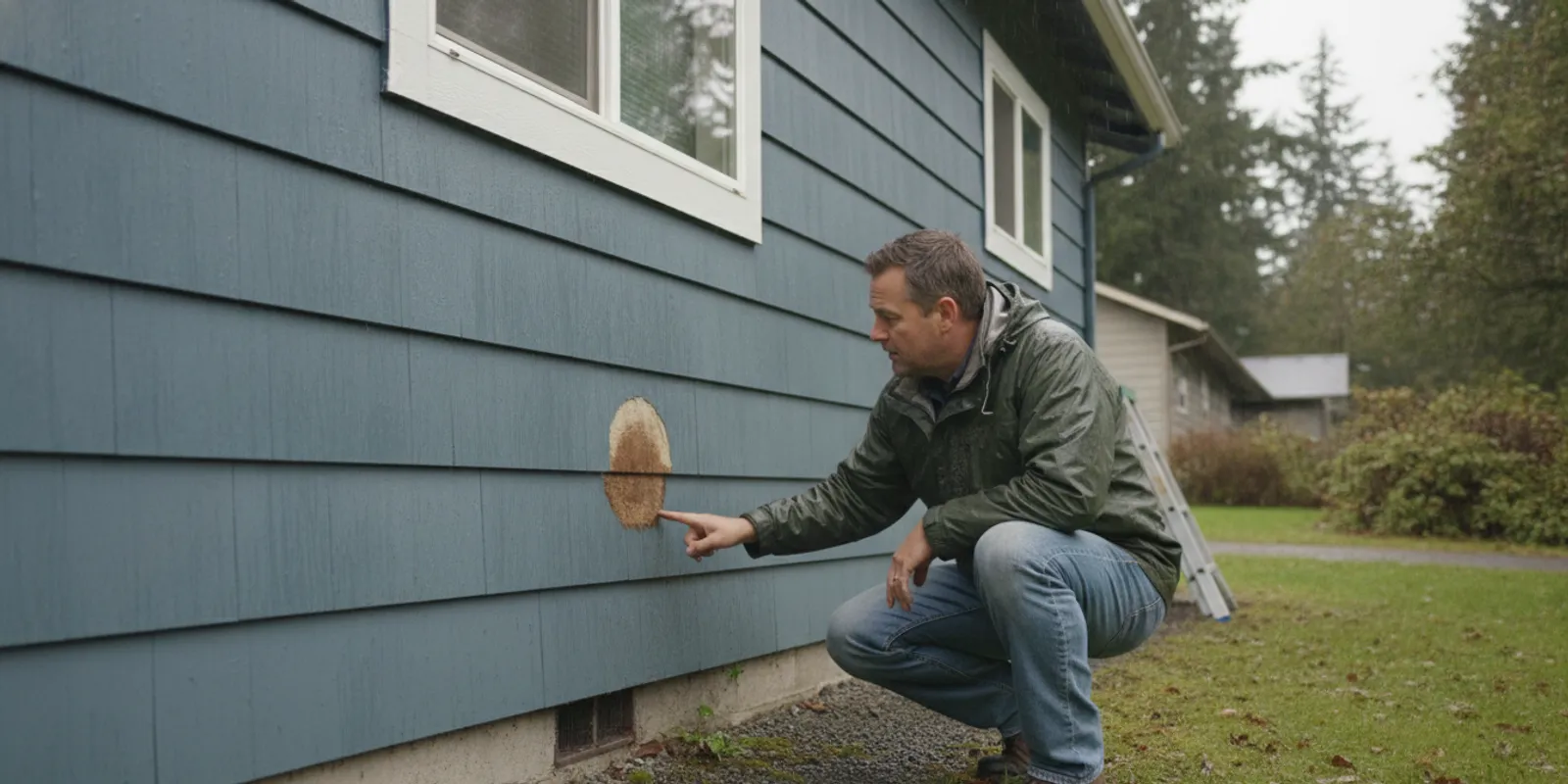 Washington home with damp, weathered siding near a window and trim