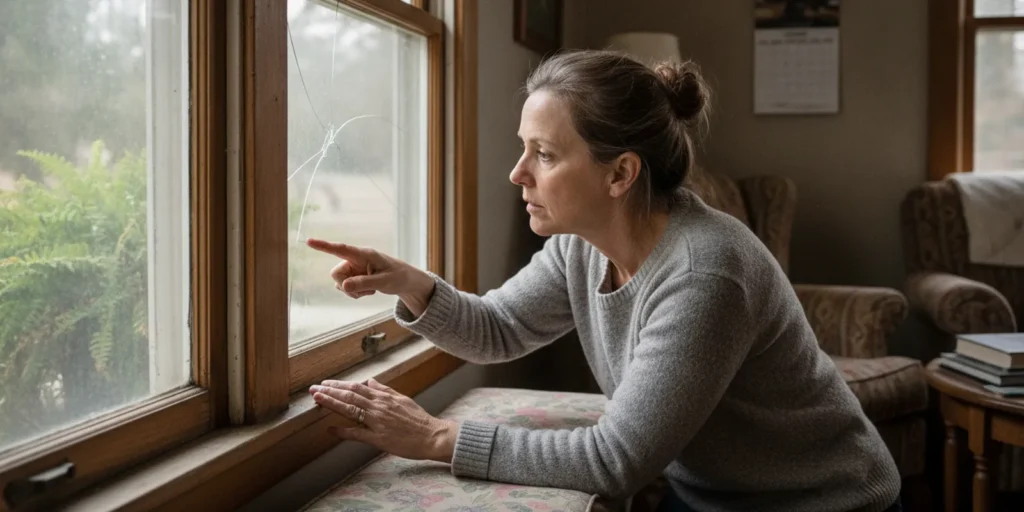 A homeowner examining a cracked window pane and its surrounding frame